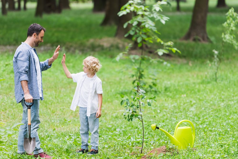 Dad and Son High Fiving after Planting a tree